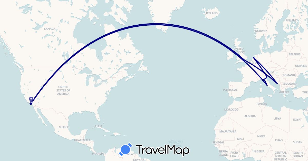 TravelMap itinerary: driving in United Kingdom, Croatia, Italy, Netherlands, United States (Europe, North America)