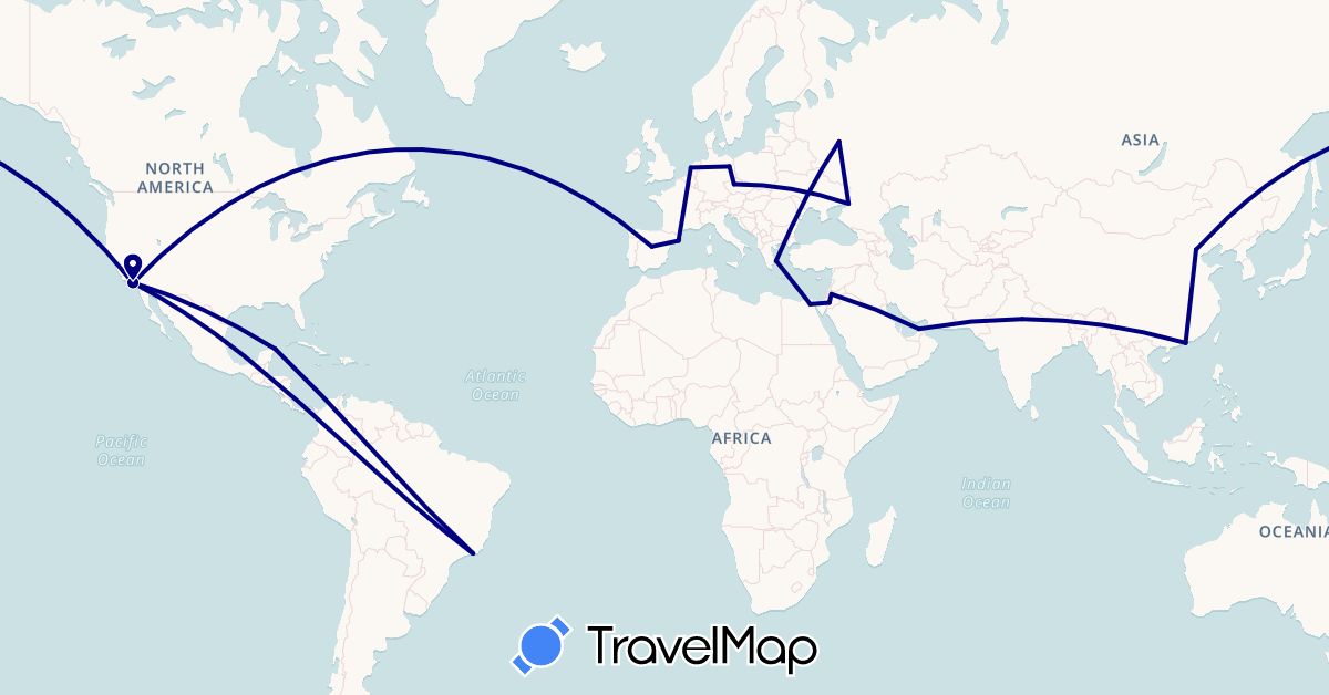 TravelMap itinerary: driving in United Arab Emirates, Brazil, China, Czech Republic, Germany, Egypt, Spain, Greece, Hong Kong, India, Jordan, Mexico, Netherlands, Russia, United States (Africa, Asia, Europe, North America, South America)