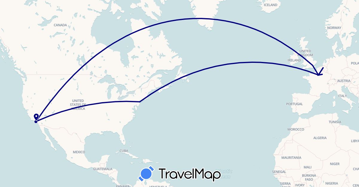 TravelMap itinerary: driving in Belgium, France, United Kingdom, United States (Europe, North America)